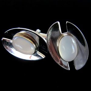 Vintage faux opal & silver tone metal Art Deco unisex cufflinks